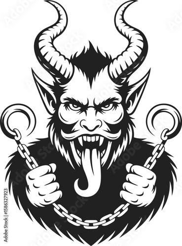 Krampus, mythical creature, horned demon, folklore figure, Christmas tradition, capturing spirit of mischief and fear