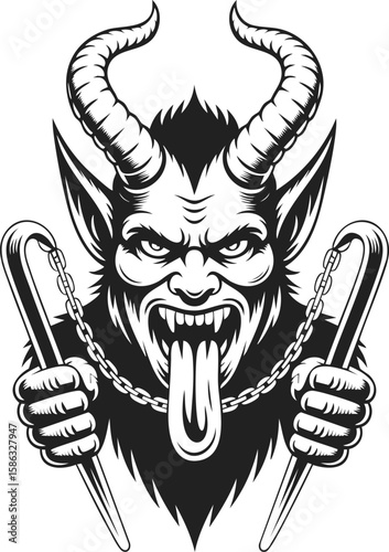 Krampus, mythical creature, horned demon, menacing figure with chains, folklore monster, holiday spirit