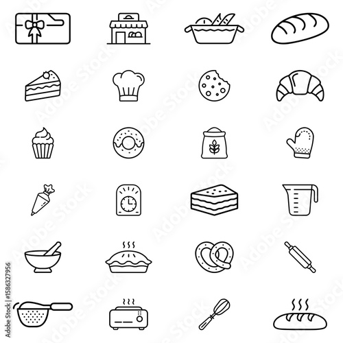 Collection of bakery related icons including bread, pastry, cake, shop, and baking equipment items