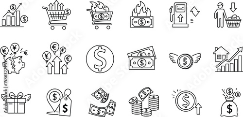 Financial crisis, inflation icons, rising cost, money burn illustration, economy downturn symbol, shopping crisis vector, savings loss clipart