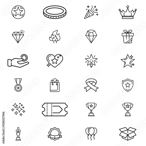 Collection of outline icons featuring stars, diamonds, gifts, awards, and celebratory elements design set