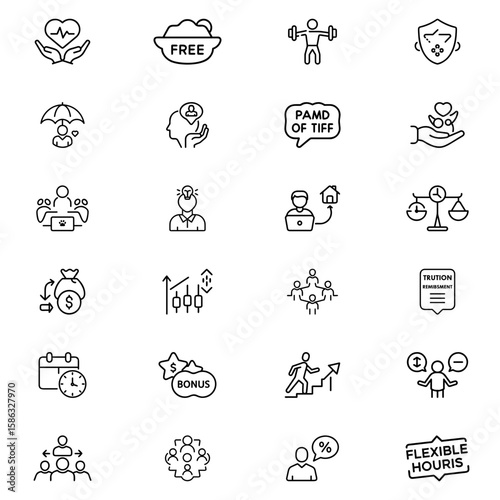 Collection of business and finance icons representing various concepts and symbols in a line art style