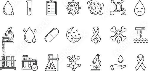 Medical science icons set with blood drop, lab test, virus, microscope, molecule, pill, ribbon, healthcare research, testing equipment