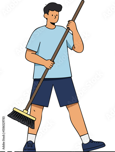 Young man holding a broom cleaning floor in casual clothes vector illustration 