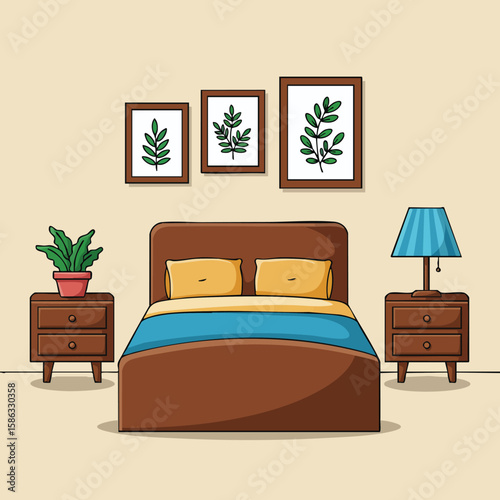 Bedroom interior with wooden bed, bedside tables, blue lamp, green plants, and framed leaf artwork in cozy home setting 
