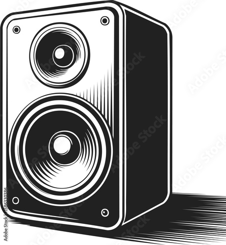 Loudspeaker, audio amplifier, sound system, vintage engraving of acoustic speaker design, retro sound equipment