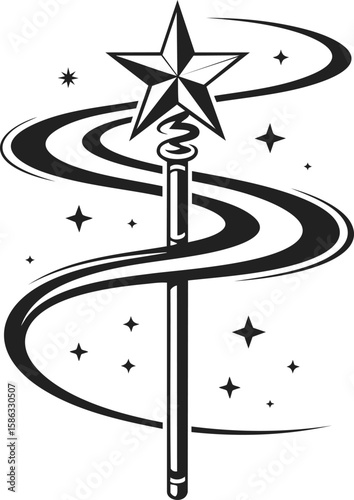 Magic wand, enchanted staff, wizard tool, spellcasting instrument, mystical rod with swirling stars and sparkles