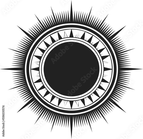 Magical amulet engraved illustration with sunburst design and intricate patterns for t-shirt and tattoo art