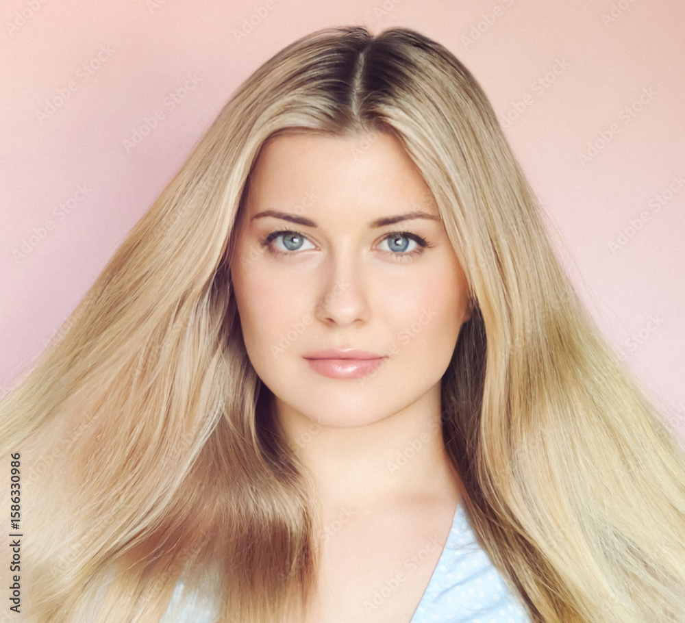 Naklejka premium Glossy hair, glowing complexion, natural beauty and fresh facial skincare. Woman with radiant skin, blue eyes and long blonde hair in a soft studio portrait