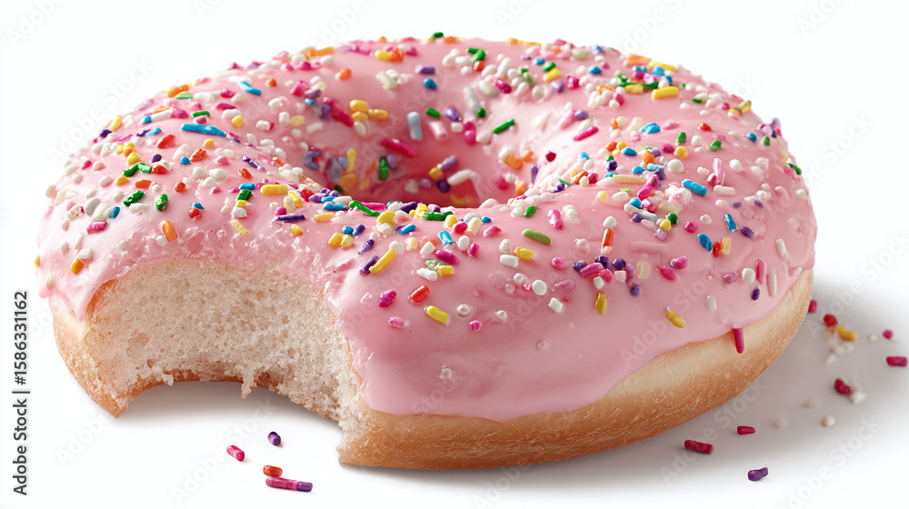 Pink frosted donut with rainbow sprinkles and bite mark on one side, playful birthday treats, transparent background Pink frosted donut with rainbow sprinkles and bite mark on one side, playful birthday treats, transparent background