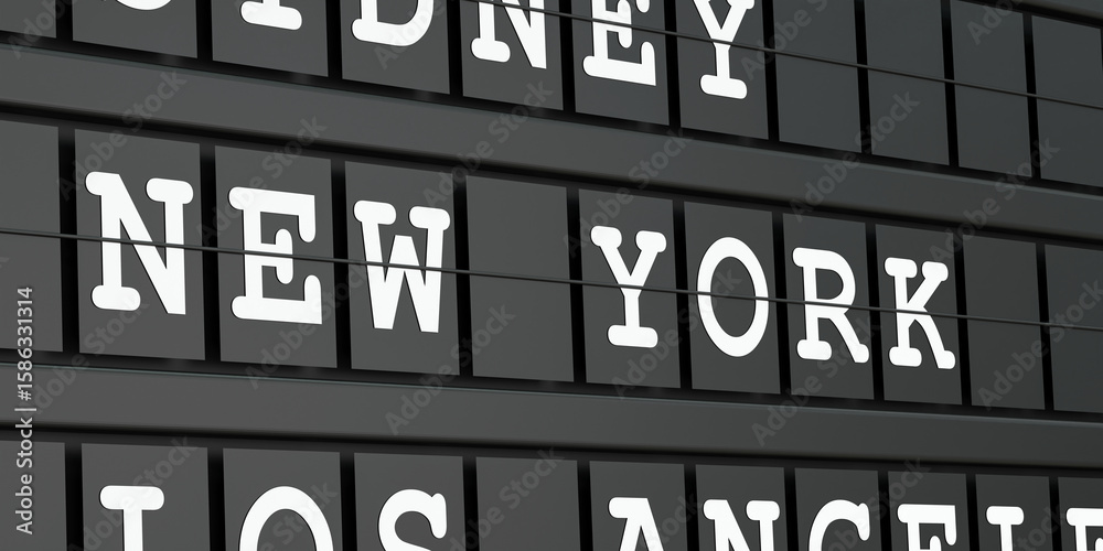 Obraz premium New York, United States, travel destination, airport departure board. Tourism, booking, vacation, travel, holiday, journey. 3D illustration