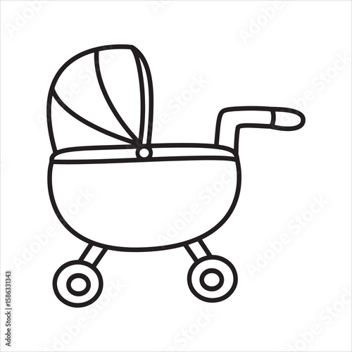 Black outlined baby stroller icon on a transparent background shows childhood travel