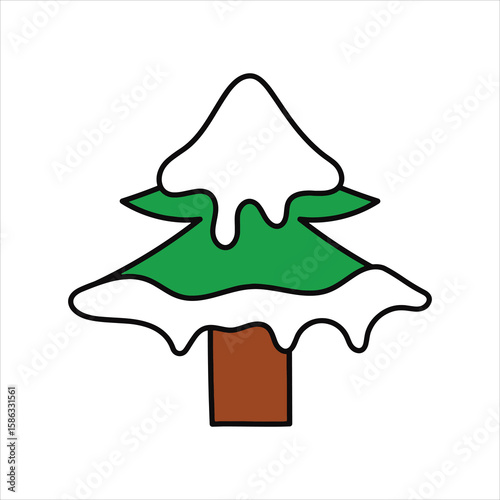 Snow elegantly blankets the green Christmas tree with brown rectangular trunk in artistic simplicity