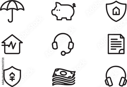 Collection of financial and service icons isolated on transparent background