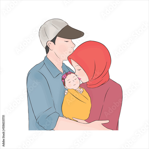 Muslim parents affectionately kiss their newborn baby wrapped in warm cloth with transparent background