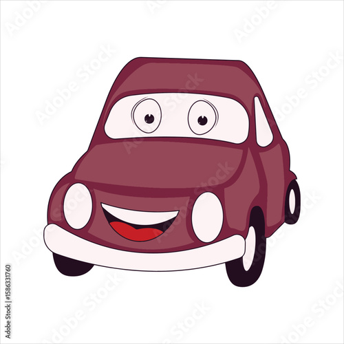 A cute maroon cartoon car features big round eyes and a cheerful smile