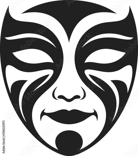 Mask, theatrical mask, black facemask, tribal design, performance art accessory, expressive character ornament