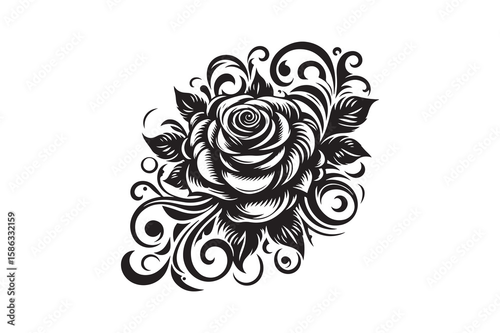 Fototapeta premium Intricate rose tattoo silhouette with elegant swirling petals and delicate thorns, isolated on a clean white background