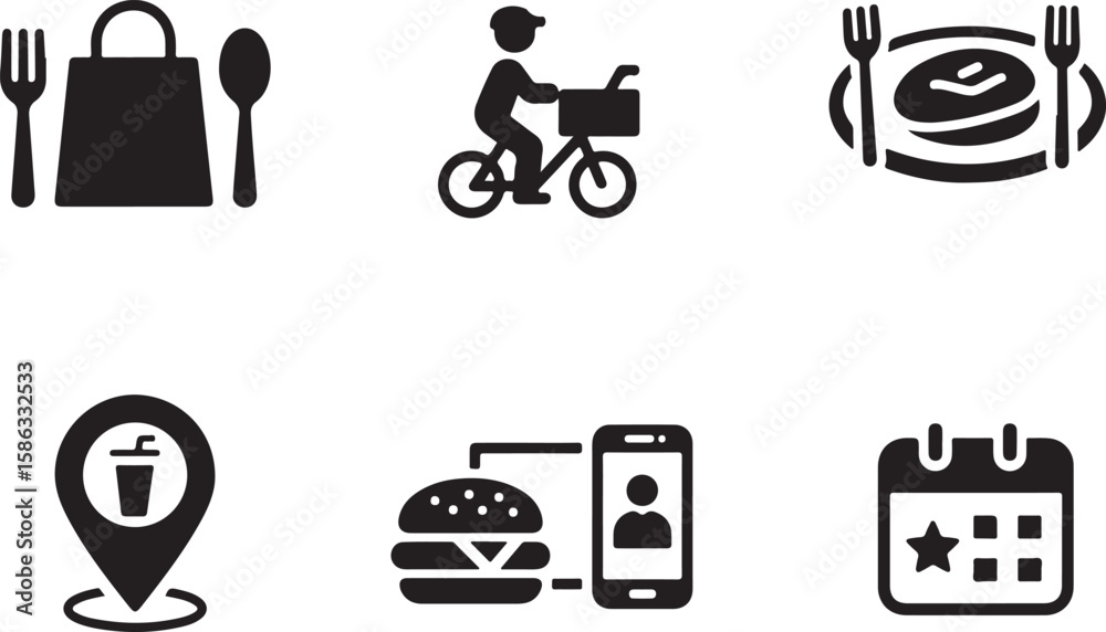 Obraz premium Food delivery service icons for online ordering and logistics isolated on transparent background