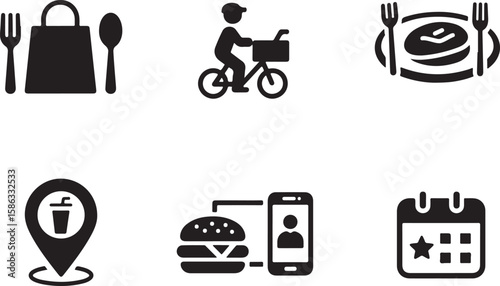 Food delivery service icons for online ordering and logistics isolated on transparent background
