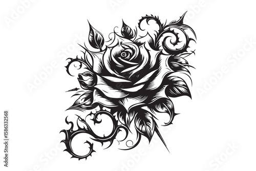  Intricate rose tattoo silhouette with elegant swirling petals and delicate thorns, isolated on a clean white background