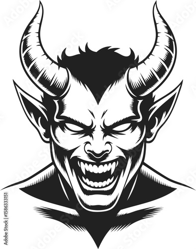 Menacing demon face with horns, engraved illustration perfect for tattoos, logos, and merchandise design