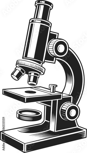 Microscope, laboratory tool, optical instrument, magnifier for scientific observation, research and discovery in vintage engraved style