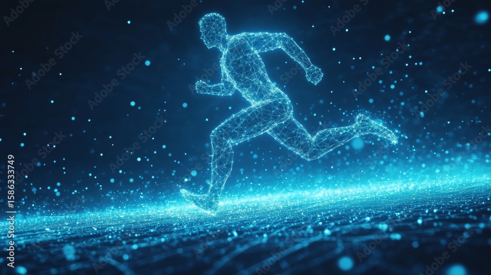 Naklejka premium A digital runner made of glowing blue particles sprints forward in a futuristic and technologically advanced setting