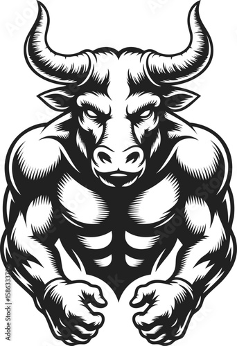 Minotaur, powerful bull figure with muscular build, strength symbol, ancient creature, mythical beast representation