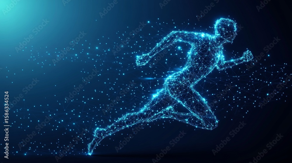 Fototapeta premium Abstract running man form lines and triangles, point connecting network on blue background