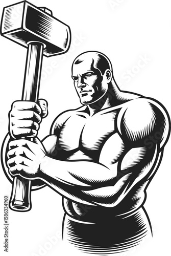 Muscle-bound man gripping a large hammer, strongman, weightlifting, fitness, powerlifting inspiration