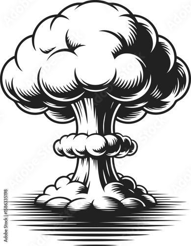 Mushroom cloud, nuclear explosion, bomb blast, destructive force, shockwave, iconic symbol, vintage engraving, powerful imagery, etching art, explosive design