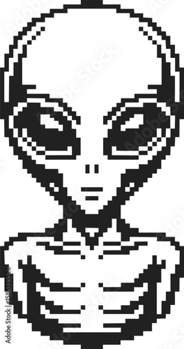 Mysterious alien figure, extraterrestrial being, vintage engraved style illustration, sci-fi art, unique emblem design