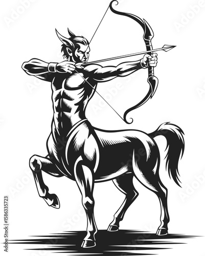 Mythical centaur archer in vintage engraved style, bow and arrow, powerful pose, mythology representation