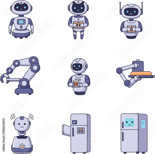 Cute Robot Icons Set Cartoon Design Delivering Food And Drinks Technology