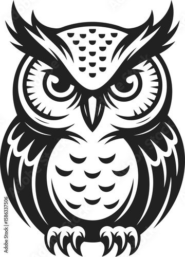 Owl, wise bird, nocturnal creature, symbol of knowledge, black and white engraved illustration featuring intricate feather details, sharp gaze