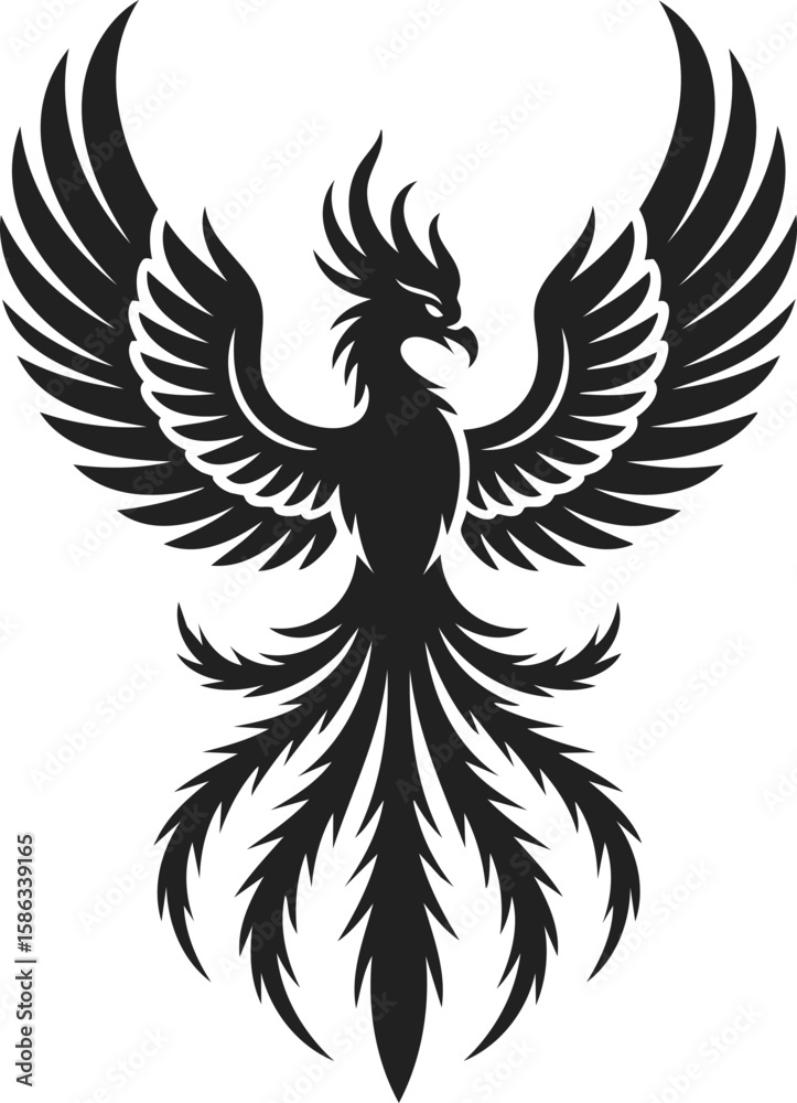 Fototapeta premium Phoenix, mythical bird symbolizing rebirth, elegance in motion, with expansive wings and dynamic tail feathers, ideal for tattoo, logo, or emblem design