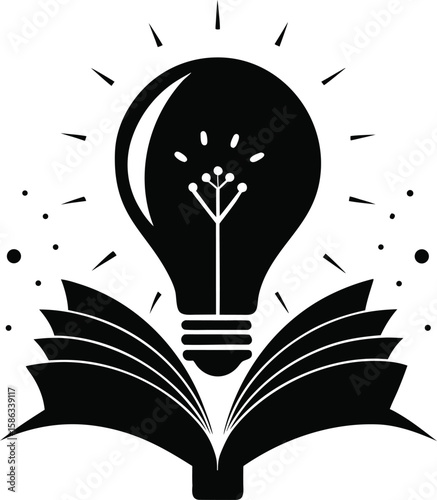 Black open book with glowing light bulb above idea knowledge