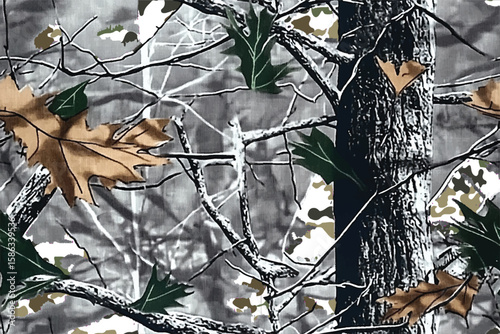 close up of tree branches in the woods, camouflage print camo wallpaper with green and brown leaves, grey background