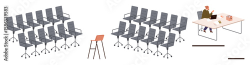 Rows of empty office chairs in contrast with one person working at a desk with a laptop and paperwork. Ideal for concepts thumbs up isolation, focus, remote work, independence, minimalism, solitude