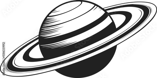 Planet with rings, Saturn, celestial body, gas giant, astronomical feature, space object, planetary silhouette, vintage engraving style illustration