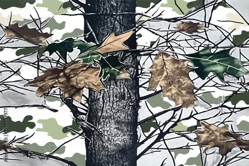 close up of tree branches in the woods, camouflage print camo wallpaper with green and brown leaves, grey background