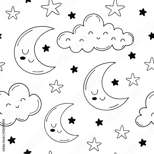 Cute sleeping moon and star pattern with smiling clouds night