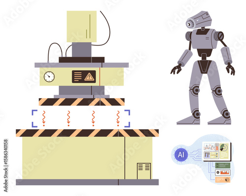 Industrial machine assembling robot with futuristic design. AI interface analyzing data. Ideal for technology, innovation, robotics, engineering, AI development, industrial automation, simple flat