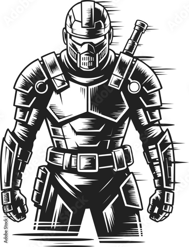 Post-apocalyptic survivor in armored combat gear, ready for battle, equipped with a sword and utility belt for survival in harsh environments