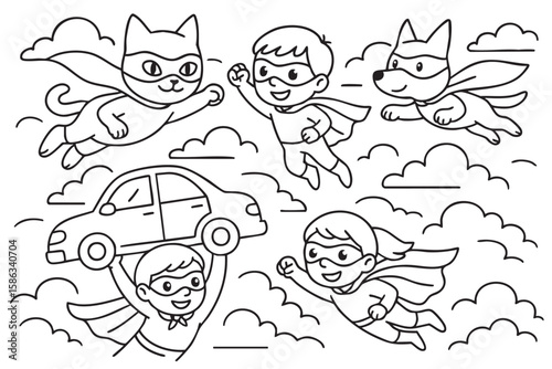 Simple line art of kids and animals dressed as superheroes flying in the sky with a car. A coloring book page for kids. 