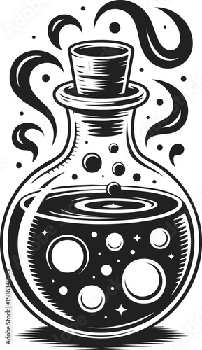 Potion bottle, magical elixir, alchemist’s brew, vintage glass container, mystical beverage, enchanted solution, illustrative art
