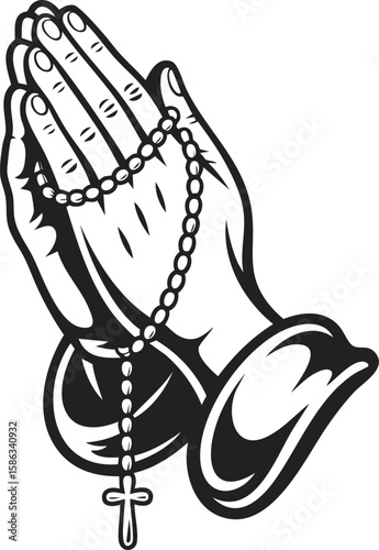Praying hands with rosary, faith symbol, spiritual illustration, religious devotion, expressive gesture of prayer, vintage engraved style