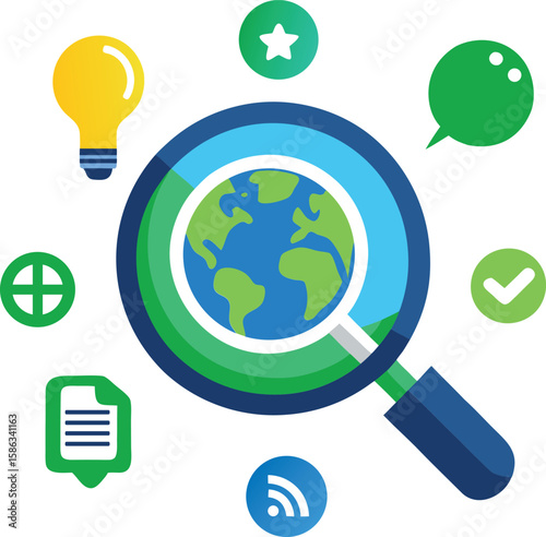 Magnifying glass over earth surrounded by icons globe planet