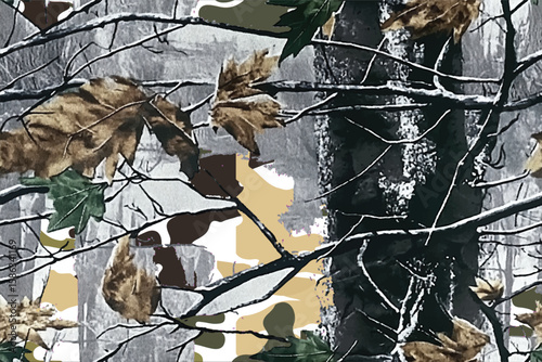 close up of tree branches in the woods, camouflage print camo wallpaper with green and brown leaves, grey background